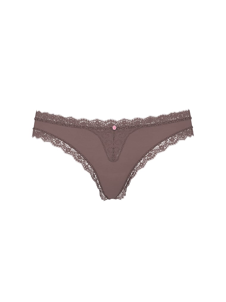 Victoria's Secret, Dream Angels Lace Thong Panty, Cloudy Grey, offModelFront, 3 of 3