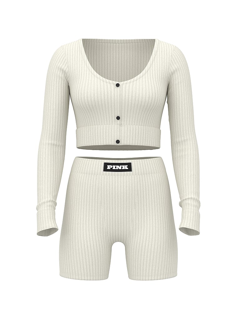 PINK Lounge Ribbed Cropped Cardigan & Shorts Set, offModelFront, 3 of 3