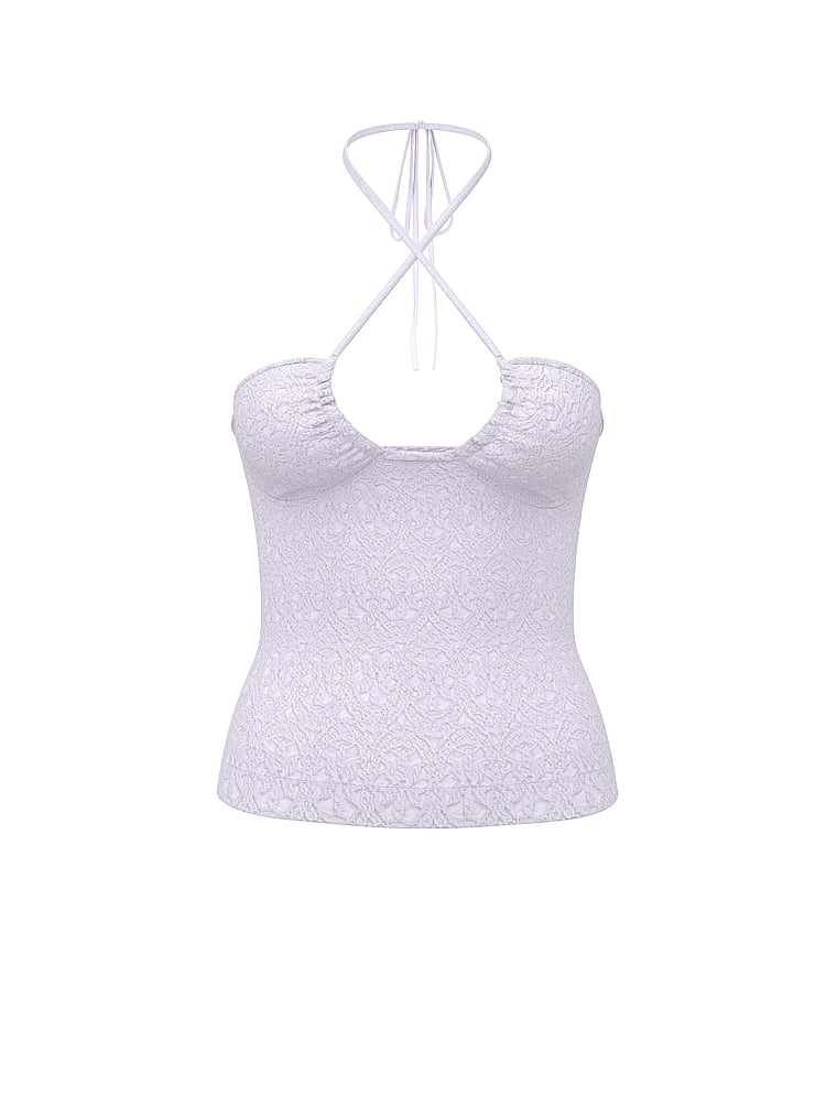 PINK Floral Jacquard Halter Top, Purple Whisper, offModelFront, 2 of 4