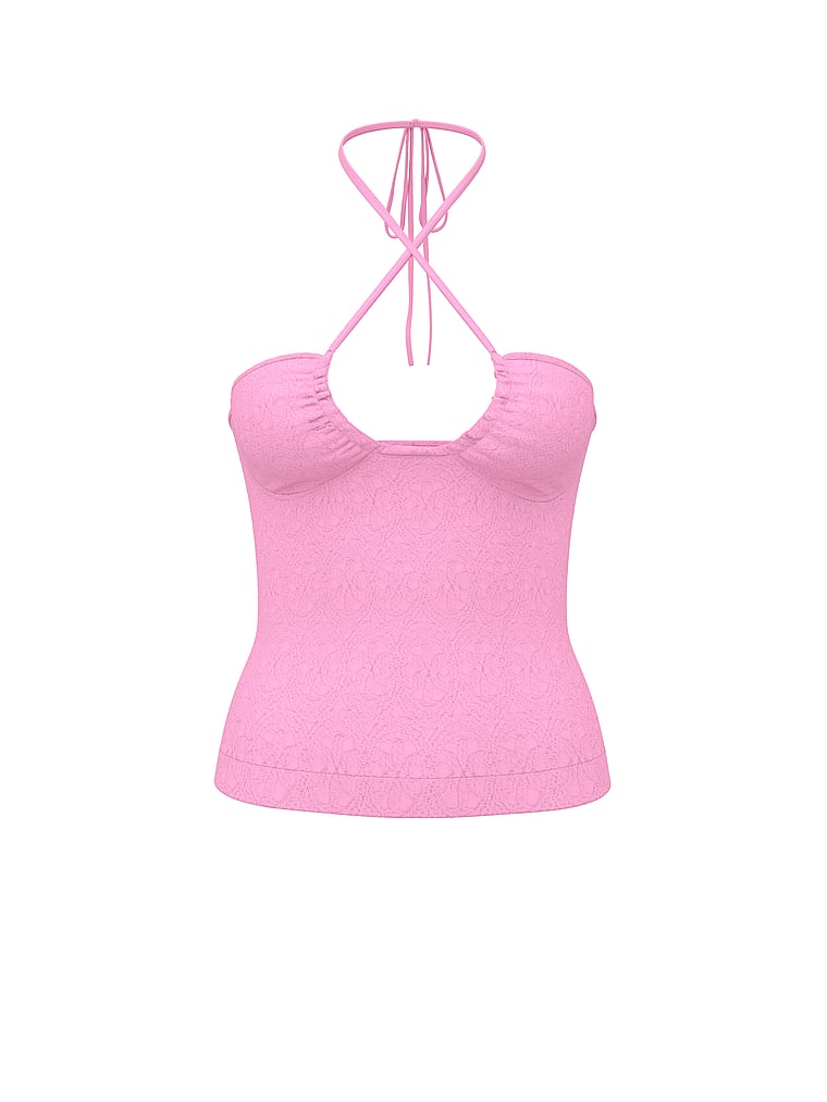 PINK Floral Jacquard Halter Top, Pink Lollipop, offModelFront, 4 of 4