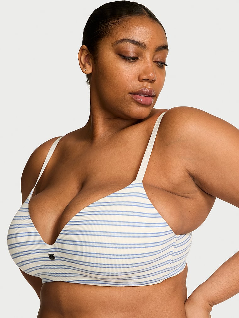 Victoria's Secret, The T-shirt Cotton Rib Logo Hardware Lightly Lined Wireless Bra, Blue Stripes, onModelFront, 1 of 4 Brianna is 5'10" or 178cm and wears 38DD (E) or Extra Large