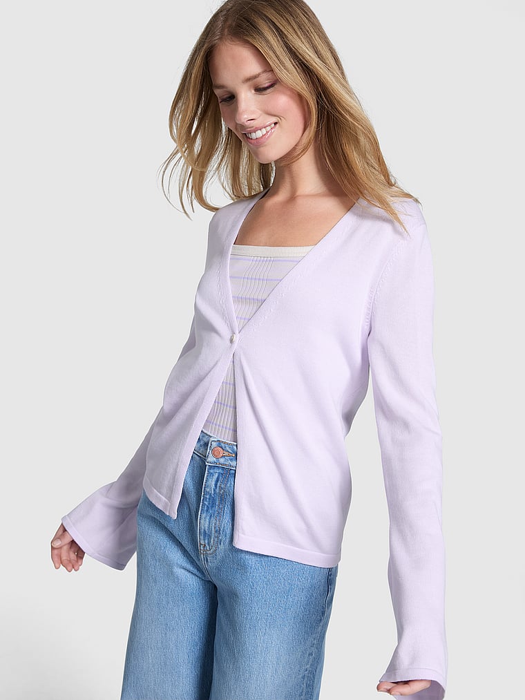 PINK One-Button Knit Cardigan, Purple Whisper, onModelSide, 4 of 4 Mari is 5'7" and wears Small