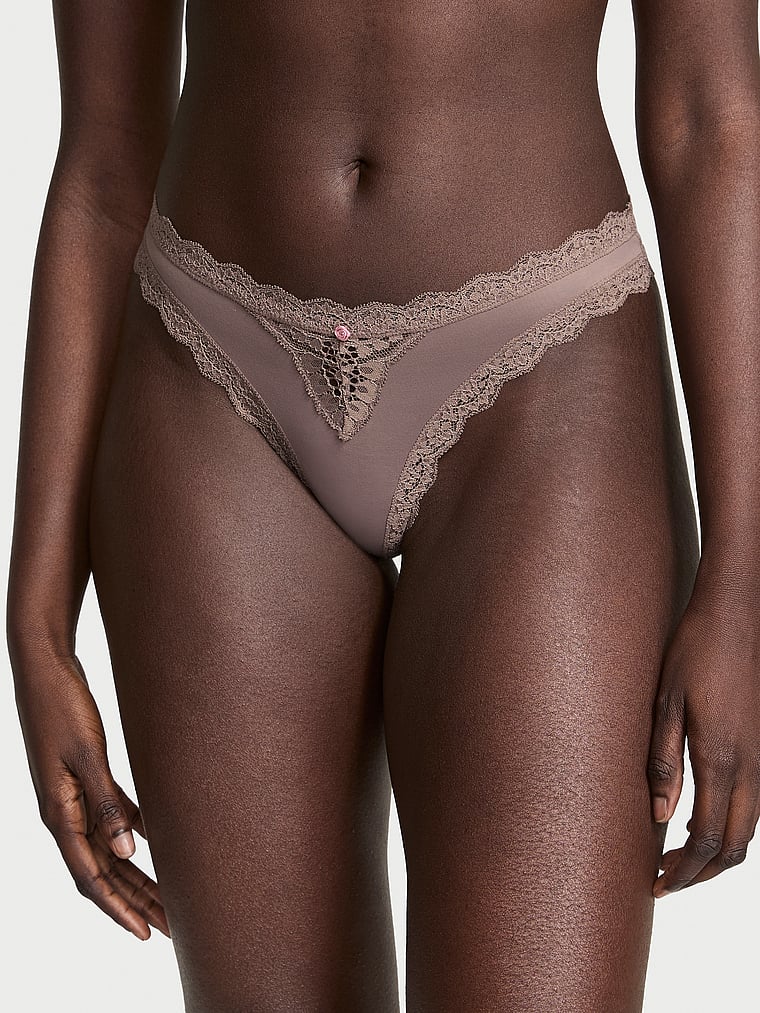 Victoria's Secret, Dream Angels Lace Thong Panty, Cloudy Grey, onModelFront, 1 of 3
