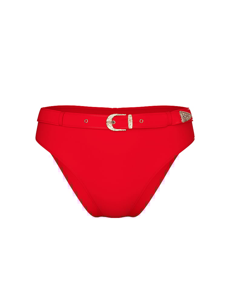 PINK SWIM High-Rise Buckle Cheeky Bikini Bottom, Red Pepper, offModelFront, 3 of 3