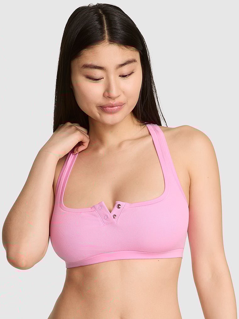 PINK Cotton Dorm Unlined Racerback Bralette, Pink Lollipop, onModelFront, 1 of 4 Gloria is 5'9" and wears 34D or Small