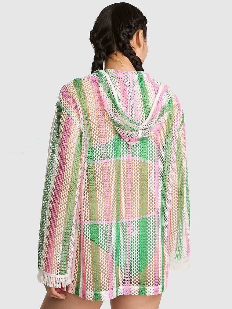 PINK SWIM Pacific Stripe Crochet Tunic Hoodie, Multi Stripe, onModelBack, 2 of 4