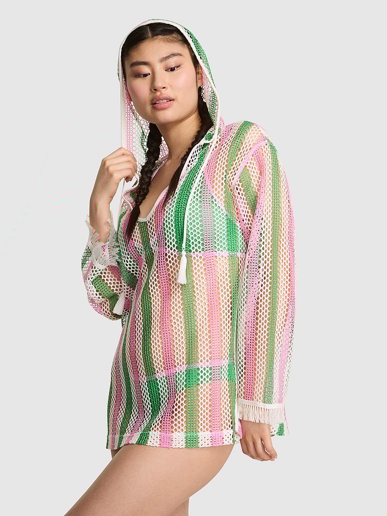 PINK SWIM Pacific Stripe Crochet Tunic Hoodie, Multi Stripe, onModelFront, 1 of 4