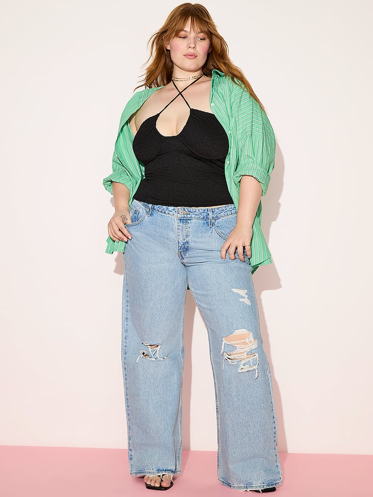 PINK Boyfriend Button-Down Sleepshirt, Print, onModelSide, 4 of 4