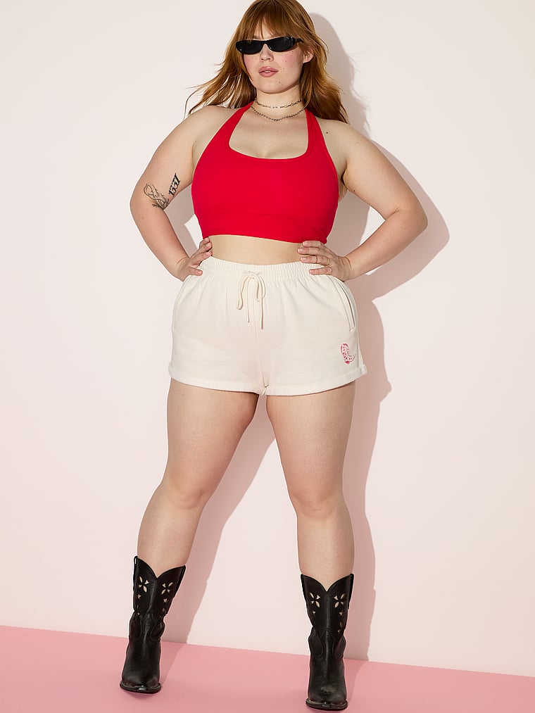 PINK Fleece Rolled Hem Short, Winter White Wanted Bling, onModelSide, 2 of 5 Lulu is 5'7" or 170cm and wears Large