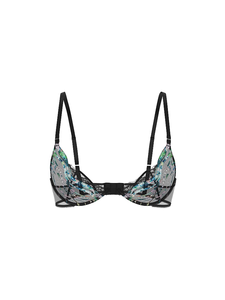 Victoria's Secret, Very Sexy Siren Shimmer Embroidery Unlined Low-Cut Demi Bra, Black Siren Shimmer, offModelFront, 4 of 5