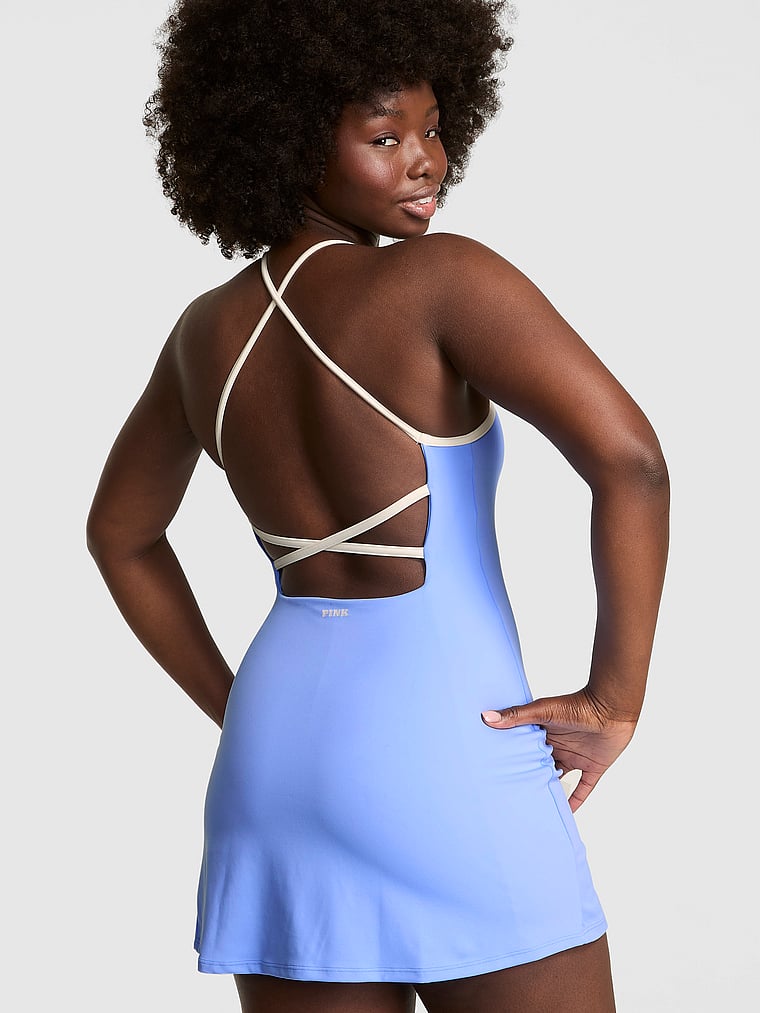 PINK Relay Strappy Sport Dress, Seascape Blue, onModelBack, 2 of 4 Fanta is 5'11" and wears 34D or Medium
