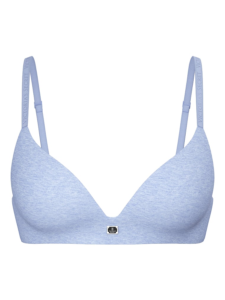 Victoria's Secret, The T-shirt Cotton Logo Hardware Lightly Lined Wireless Bra, Heather Cornflower, offModelFront, 2 of 4