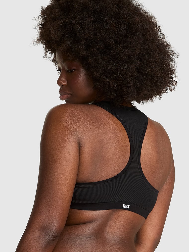 PINK Cotton Dorm Unlined Racerback Bralette, Black, onModelBack, 2 of 3 Fanta is 5'11" and wears 34D or Medium