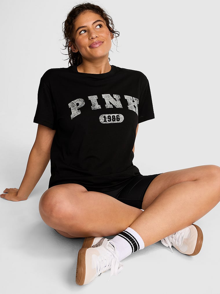 PINK Campus Cotton Tee, Pure Black  Pink, onModelFront, 1 of 4 Isabella is 5'9" or 175cm and wears Medium