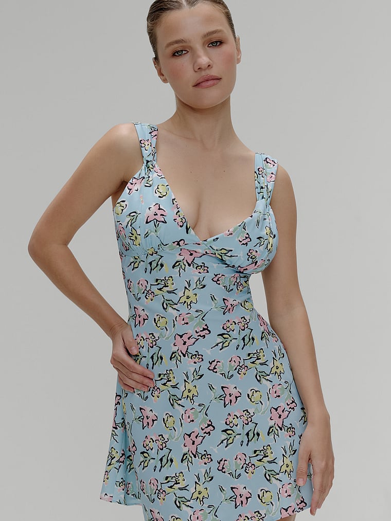 Victoria's Secret, Frankies Bikinis Emilia Satin Floral Mini Dress, Pastel Peony Print, onModelFront, 1 of 4