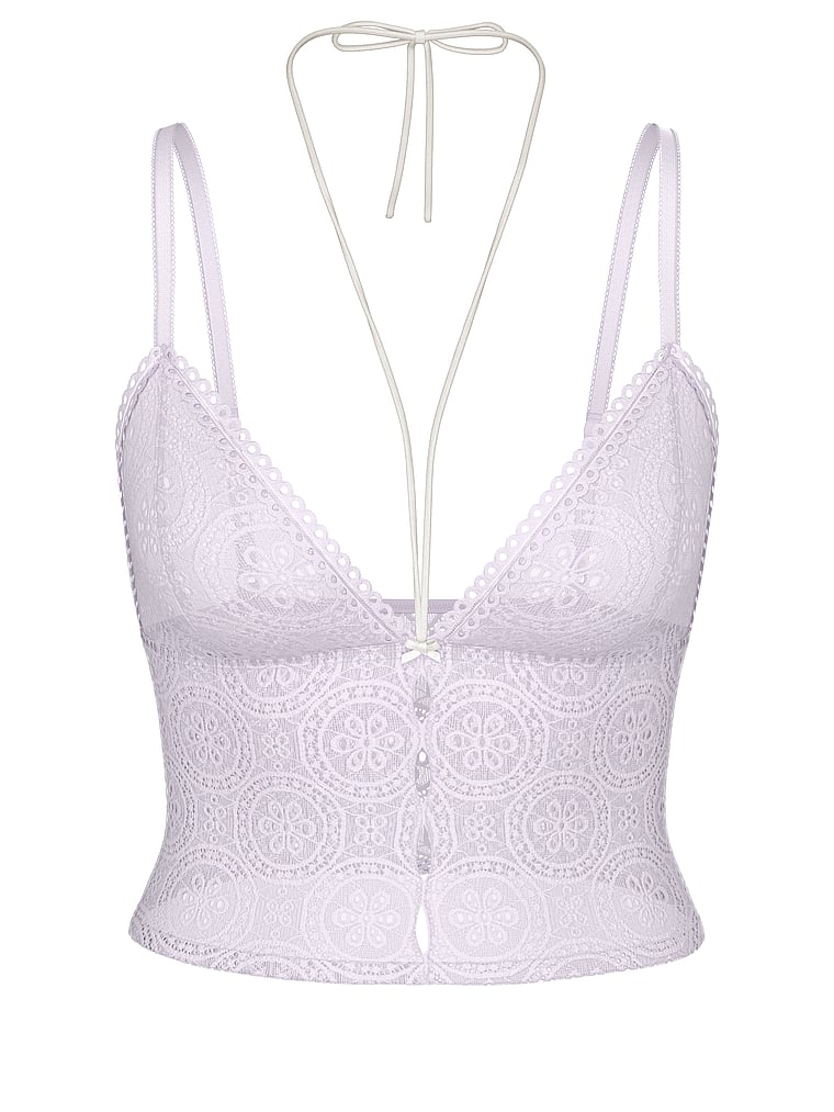 PINK Wink Wink Eyelet Lace Unlined Longline Bralette, Purple Whisper, offModelFront, 2 of 5