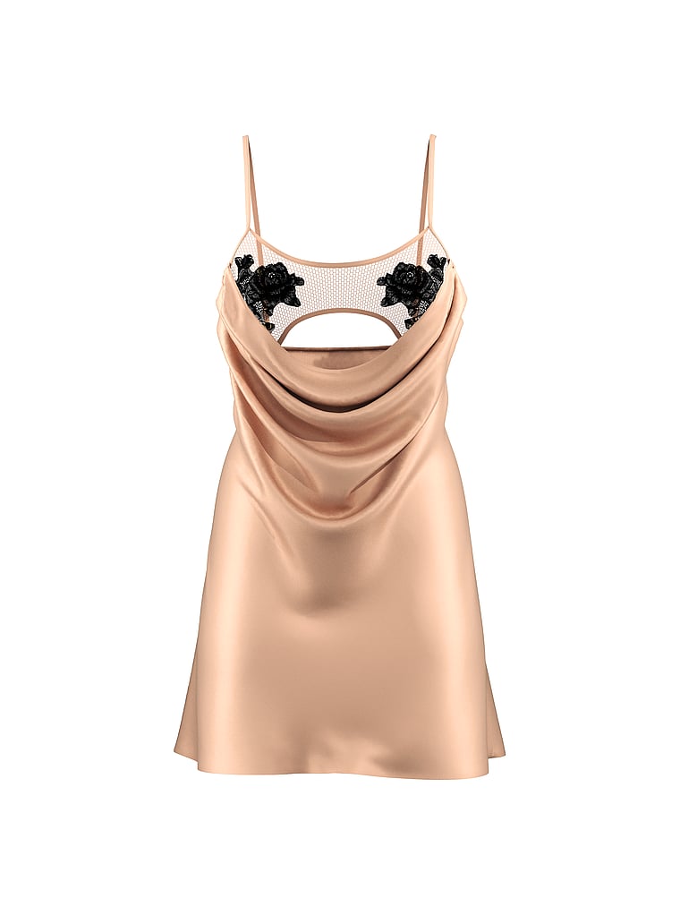Victoria's Secret, Victoria's Secret Sheer Rose Satin Draped Mini Slip, Praline, offModelFront, 4 of 4