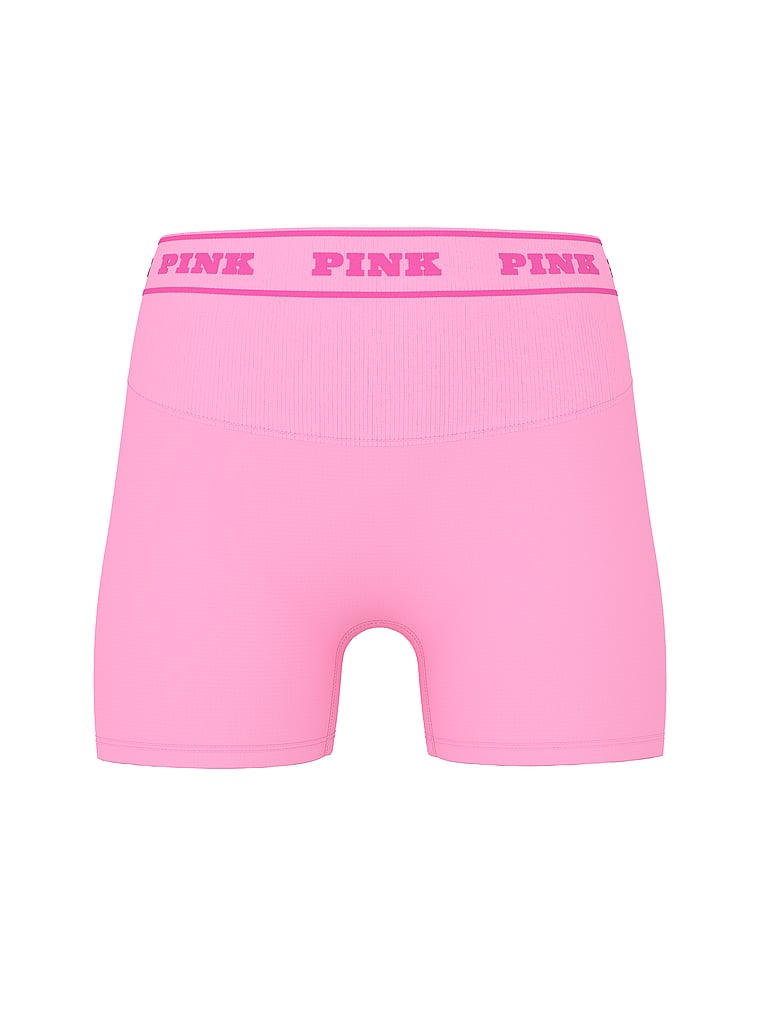 PINK Seamless Logo 3" Bike Shorts, Pink, offModelFront, 3 of 4