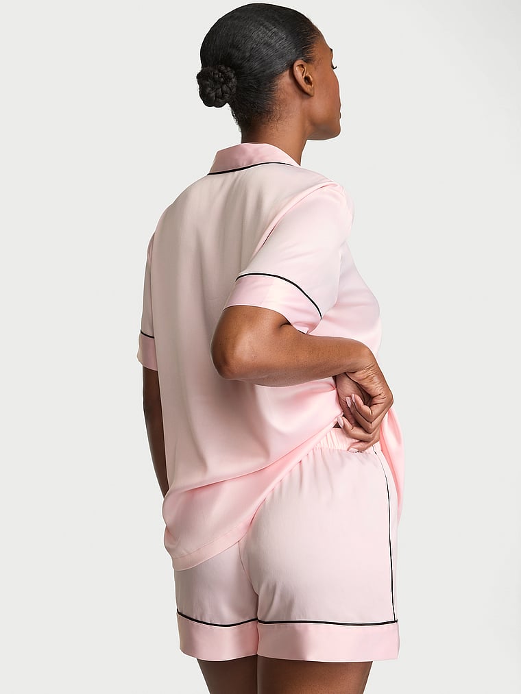 Victoria's Secret, Victoria's Secret Signature Satin Short Pajama Set, Angel Pink W Collar Embroidery, offModelBack, 3 of 4 Tsheca is 5'9" and wears S/Long