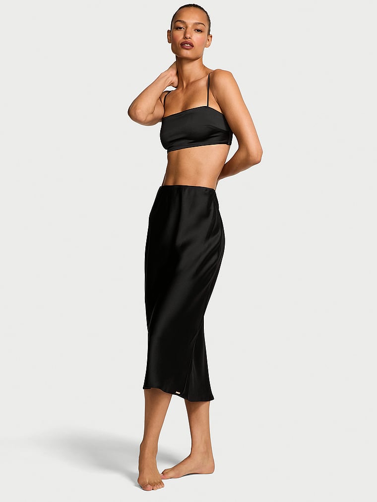 Victoria's Secret, Victoria's Secret Luxe Satin Crop Bandeau Top & Slip Skirt Set, Black, onModelFront, 1 of 4 Nikita  is 5'10" and wears Small