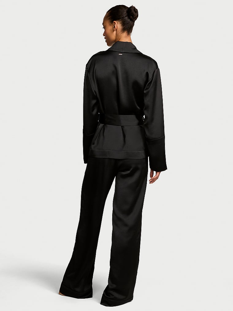 Victoria's Secret, Victoria's Secret Luxe Satin Wrap Top & Pant Set, Black, onModelBack, 2 of 3 Nikita  is 5'10" or 178cm and wears S/Long