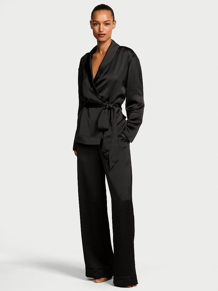 Victoria's Secret, Victoria's Secret Luxe Satin Wrap Top & Pant Set, Black, onModelFront, 1 of 3 Nikita  is 5'10" or 178cm and wears S/Long