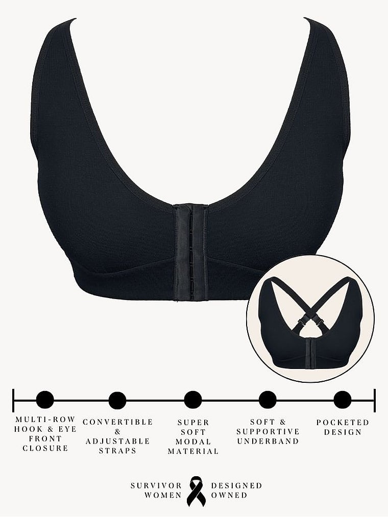 Victoria's Secret, AnaOno Rora Front-Close Mastectomy Bra, Black, offModelFront, 3 of 4