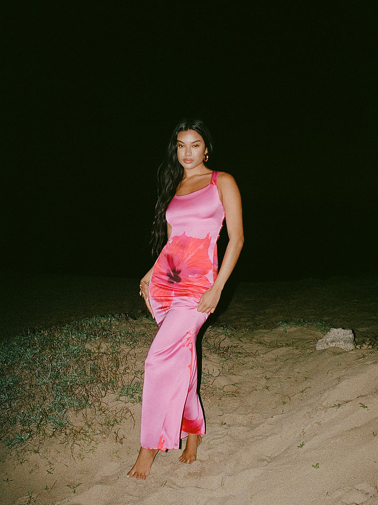 Victoria's Secret, Good American Satin Lace-Up Maxi Dress, Pink Hibiscus, detail, 4 of 4