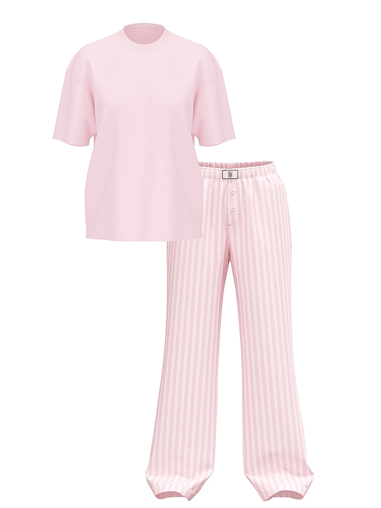 Victoria's Secret, Victoria's Secret Flannel Short-Sleeve Long Tee-Jama Set, Core Lurex Stripe Coconut White/Pretty Blossom, offModelFront, 3 of 4