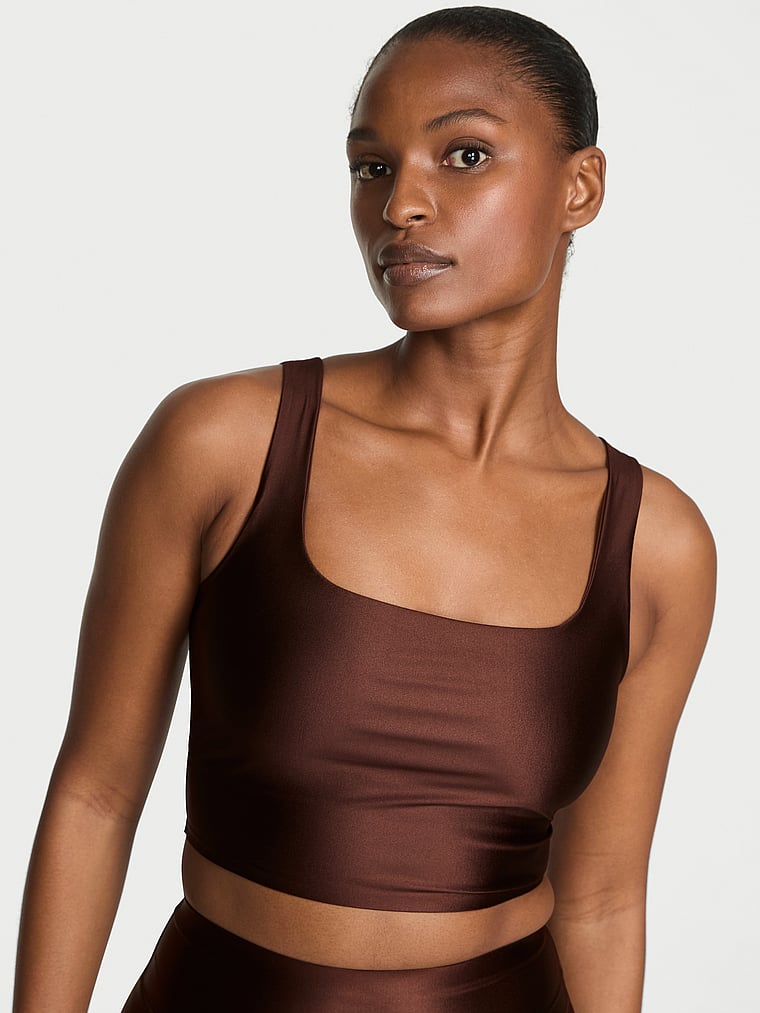 Victoria's Secret, VSX VSX GlossyTech™ Square-Neck Bra Top, Ganache, onModelFront, 3 of 4 Tsheca is 5'9" or 175cm and wears 34B or Small