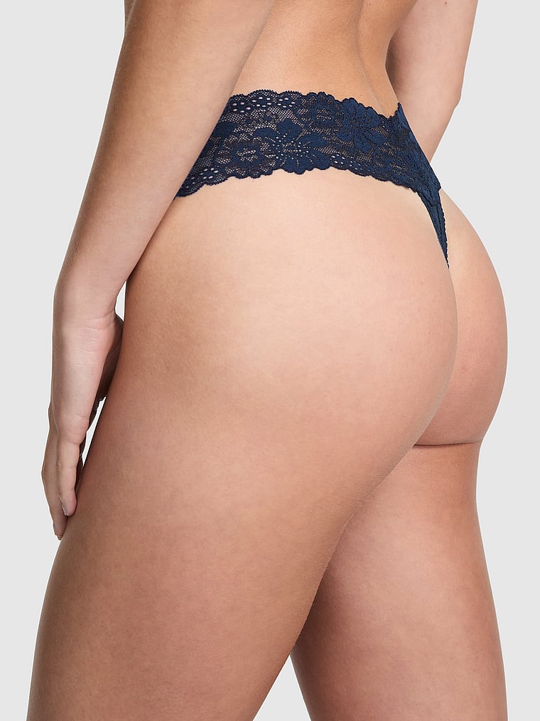 PINK Wink Lace-Trim Thong Panty, Noir Navy, onModelBack, 2 of 3 Mari is 5'7" and wears Small