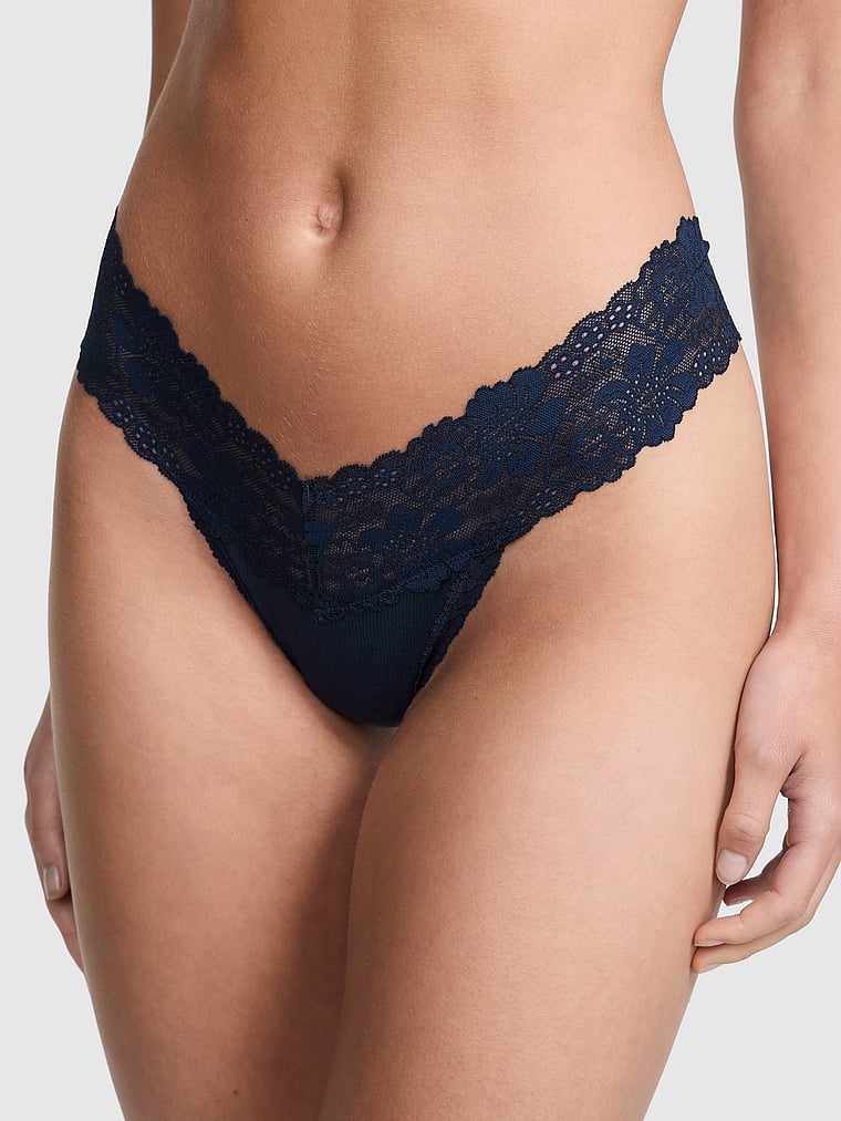 PINK Wink Lace-Trim Thong Panty, Noir Navy, onModelFront, 1 of 3 Mari is 5'7" and wears Small