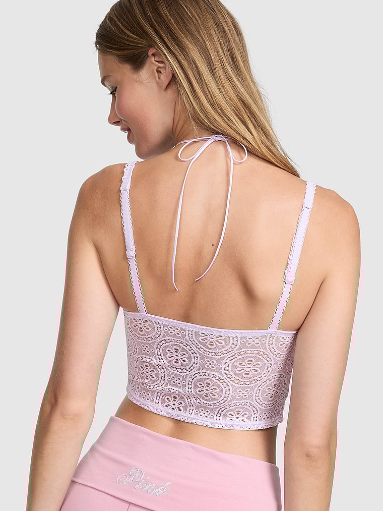 PINK Wink Wink Eyelet Lace Unlined Longline Bralette, Purple Whisper, onModelBack, 4 of 5 Mari is 5'7" or 170cm and wears 34B or Small