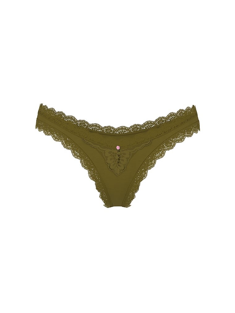 Victoria's Secret, Dream Angels Lace Rhinestone Heart Hardware Brazilian Panty, Green Chameleon, offModelFront, 3 of 3