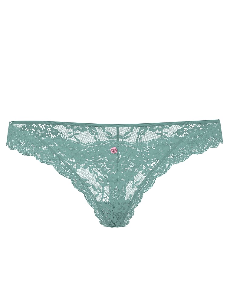 Victoria's Secret, Dream Angels Lace Peekaboo String Thong Panty, Arctic Green, offModelFront, 2 of 5
