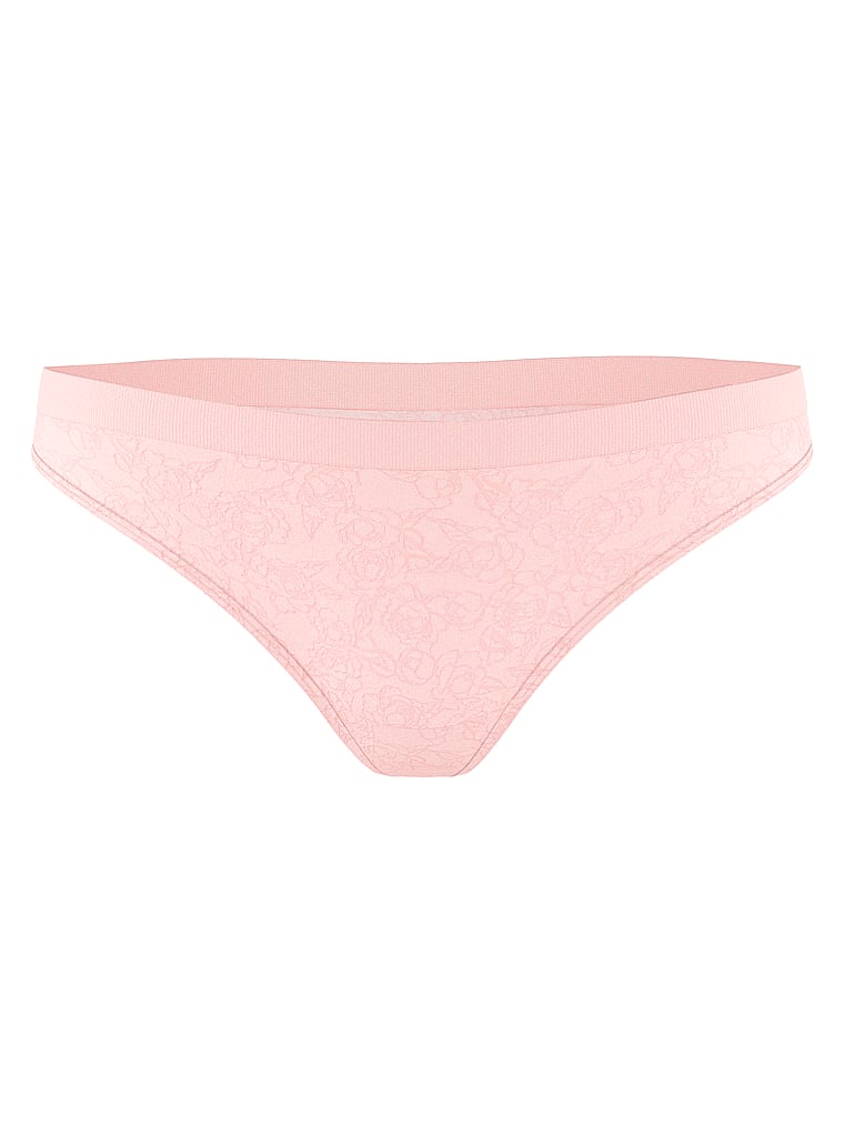Victoria's Secret, Seamless Seamless Sparkle Logo Thong Panty, Angel Pink Sketch Floral, offModelFront, 3 of 3