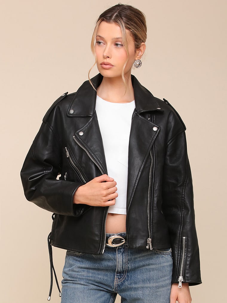 Victoria's Secret, Avec Les Filles Faux-Ever Leather Lace Up Biker Jacket , Black, offModelFront, 3 of 4