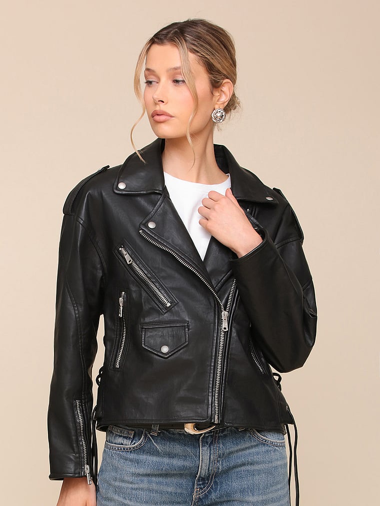 Victoria's Secret, Avec Les Filles Faux-Ever Leather Lace Up Biker Jacket , Black, onModelFront, 1 of 4