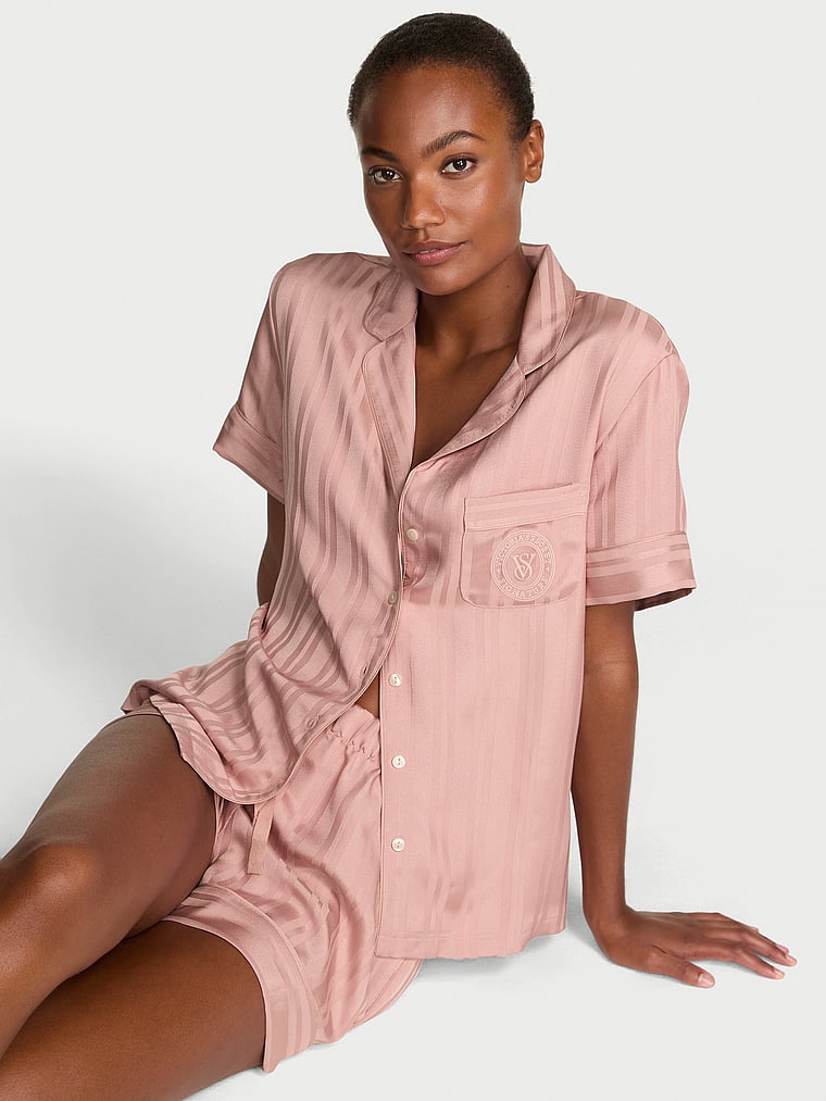 Victoria's Secret, Victoria's Secret Signature Satin Short Pajama Set, onModelFront, 1 of 4