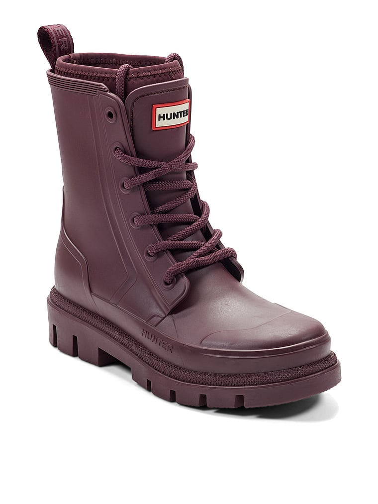 Hunter Diana Waterproof Lace-Up Rain Boots, Burgandy, onModelFront, 1 of 4