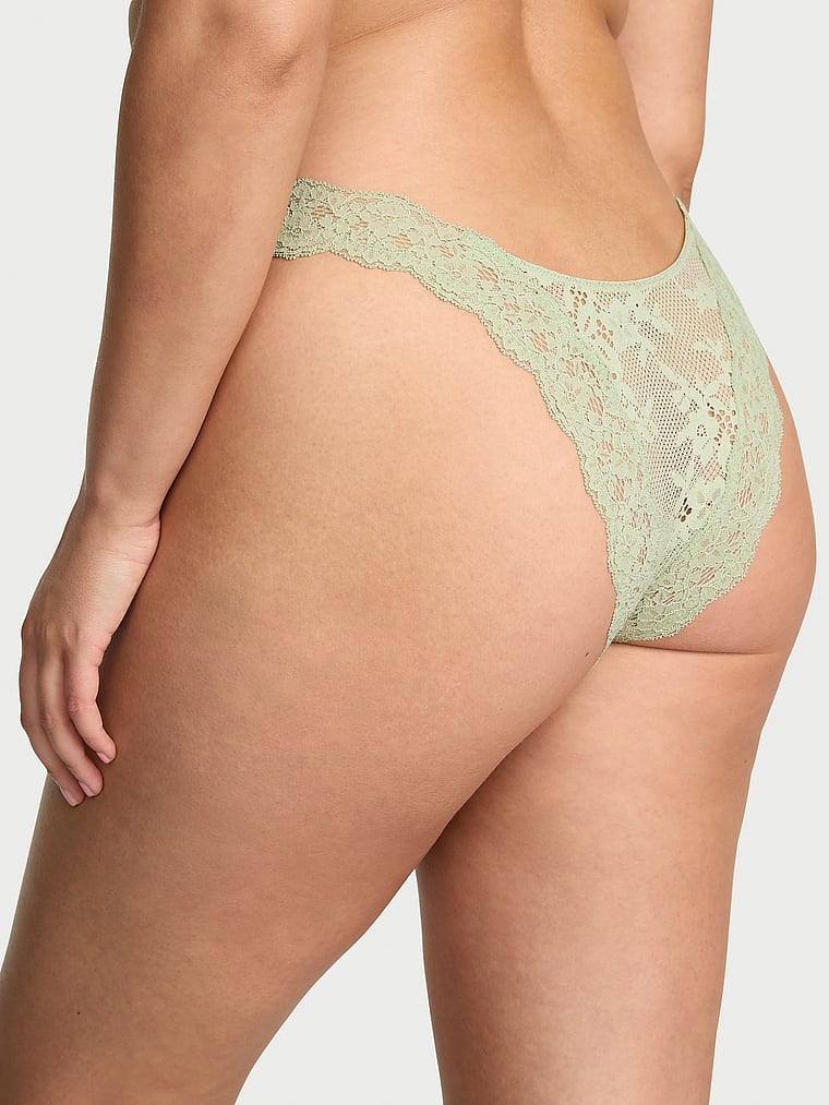 Victoria's Secret, Dream Angels Lace Rhinestone Heart Hardware Brazilian Panty, Desert Sage, onModelBack, 2 of 5 Karmi is 5'10" and wears Large