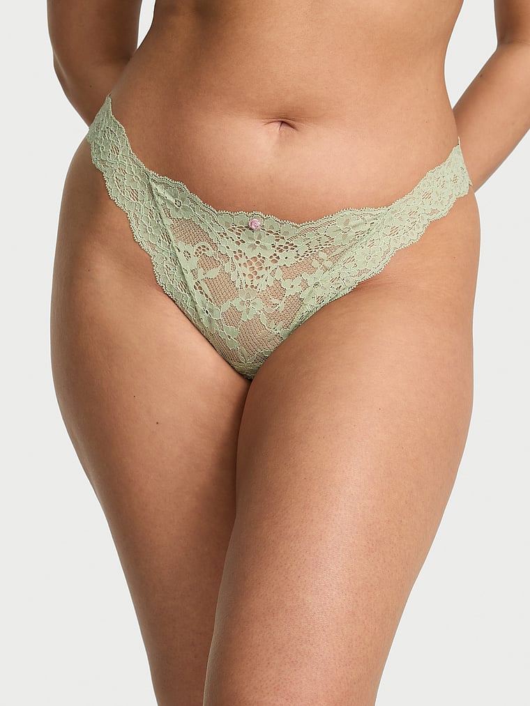 Victoria's Secret, Dream Angels Lace Rhinestone Heart Hardware Brazilian Panty, Desert Sage, onModelFront, 1 of 5 Karmi is 5'10" and wears Large