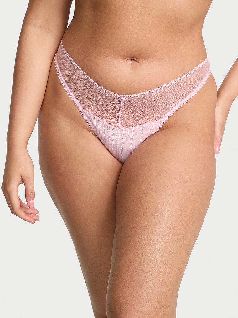 Victoria's Secret, Victoria's Secret Stretch Pointelle High-Leg Scoop Thong Panty, Pretty Blossom, onModelFront, 1 of 4 Karmi is 5'10" or 178cm and wears Large