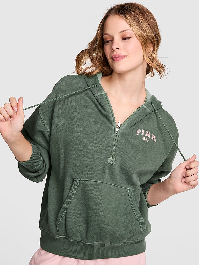PINK Ivy Fleece Campus Half-Zip Hoodie, Wild thyme, onModelFront, 1 of 4 Taylor is 5'8" or 173cm and wears Small