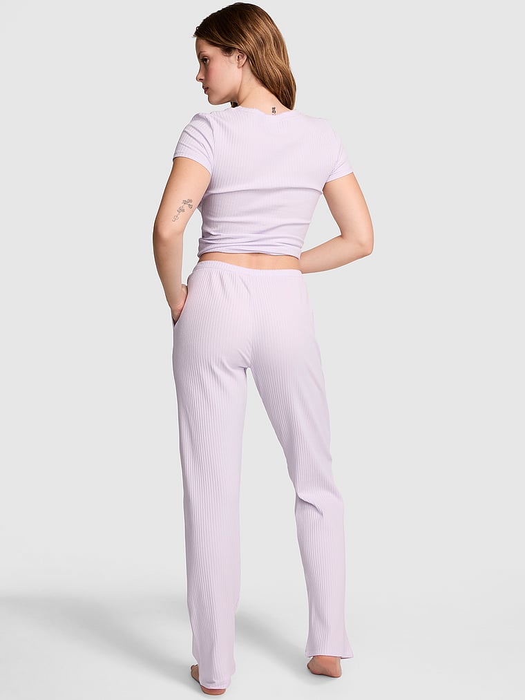 PINK Wide-Ribbed Long Pajama Set, onModelBack, 2 of 4