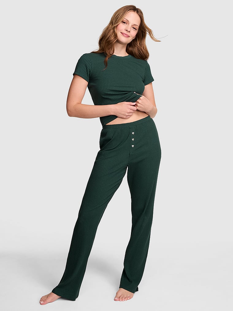 PINK Wide-Ribbed Long Pajama Set, Green, onModelFront, 1 of 4 Taylor is 5'8" or 173cm and wears S/Regular