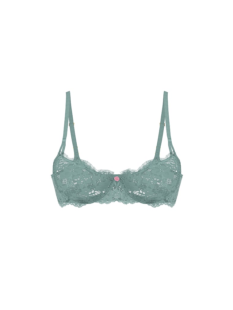 Victoria's Secret, Dream Angels Wicked Twinkle Silver Lace Unlined Balconette Bra, Arctic Green, offModelFront, 4 of 4