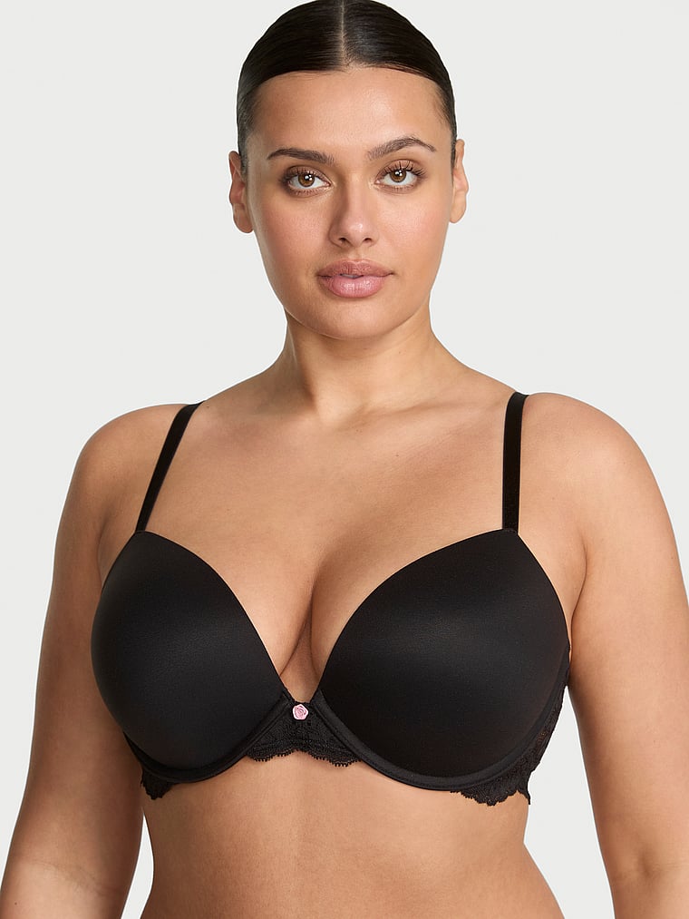 Victoria's Secret, Dream Angels Wildflower Embroidery Push-Up Bra, Black, onModelFront, 1 of 3 Karmi is 5'10" or 178cm and wears 34DD (E) or Large