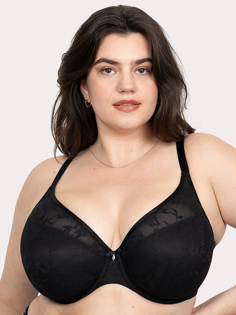 Victoria's Secret, Curvy Couture No-Show Lace T-Shirt Bra, Black, onModelFront, 1 of 3