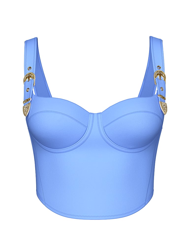 PINK SWIM Corset Buckle Bikini Top, Seascape Blue, offModelFront, 3 of 4